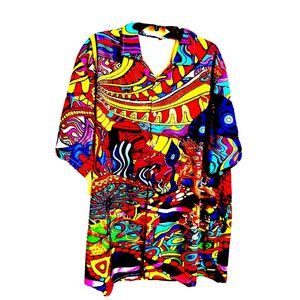 Misslook Mens Psychedelic Art Button Shirt XL Colorful Festival Party Parade Fun